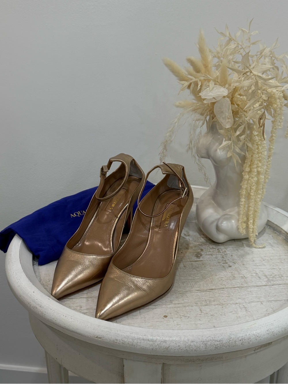 Aquazzura Metallic Gold Pointed Toe Ankle-Strap Pumps